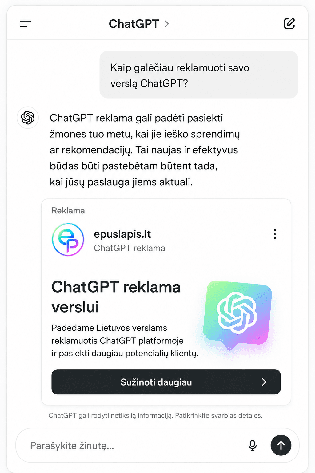 ChatGPT reklamos pavyzdys mobiliajame ekrane – epuslapis.lt reklama ChatGPT pokalbyje